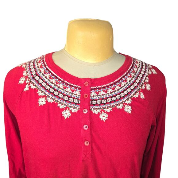 J Jill Women Medium Embroidered Henley Top Red Cotton Modal Casual Boho Festival - Picture 3 of 10